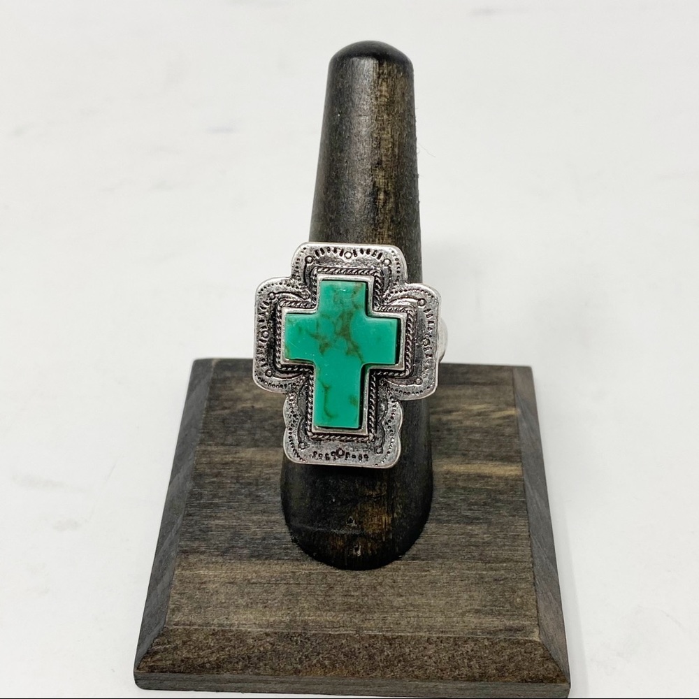 Western Turquoise Stone Cross Stretch Ring